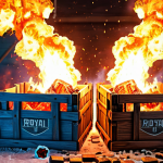 **Prompt:** Royal Match. Two fire bombs merging, destroying ice and wooden crates. Vibrant colors, puzzle game interface, explosion effect.