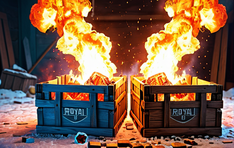 **Prompt:** Royal Match. Two fire bombs merging, destroying ice and wooden crates. Vibrant colors, puzzle game interface, explosion effect.