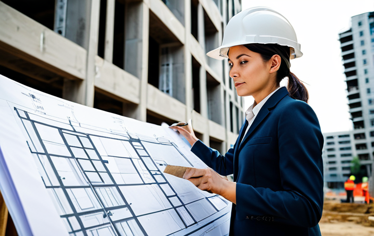 **

"A skilled female architect, fully clothed in professional attire, is reviewing blueprints on a construction site, wearing a safety helmet. Background shows a modern building under construction. Safe for work, appropriate content, perfect anatomy, correct proportions, natural pose, professional, family-friendly, well-formed hands, proper finger count, natural body proportions, modest clothing."

**