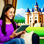 A Cheerful "Royal Match" Player**

A joyful young woman, fully clothed in modest, comfortable clothing, playing "Royal Match" on her tablet. She is sitting on a cozy couch in a brightly lit living room with family-friendly decor. Background shows elements of the "Royal Match" game, like colorful gems and castles, subtly incorporated into the room's design. Safe for work, appropriate content, perfect anatomy, natural pose, professional illustration, high quality.

**