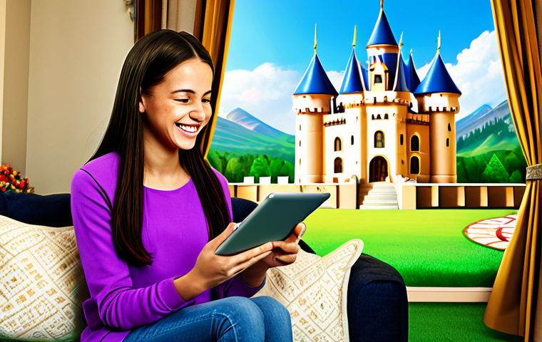 A Cheerful "Royal Match" Player**

A joyful young woman, fully clothed in modest, comfortable clothing, playing "Royal Match" on her tablet. She is sitting on a cozy couch in a brightly lit living room with family-friendly decor. Background shows elements of the "Royal Match" game, like colorful gems and castles, subtly incorporated into the room's design. Safe for work, appropriate content, perfect anatomy, natural pose, professional illustration, high quality.

**
